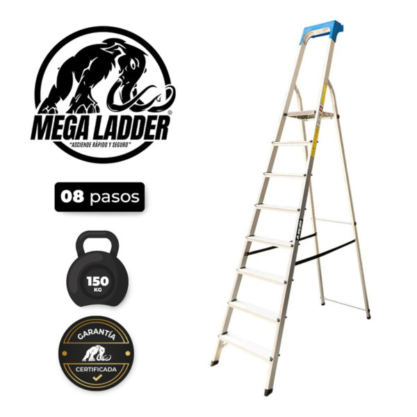 Escalera Banqueta de Aluminio 8 pasos Cap Carga 150Kg Mega Ladder