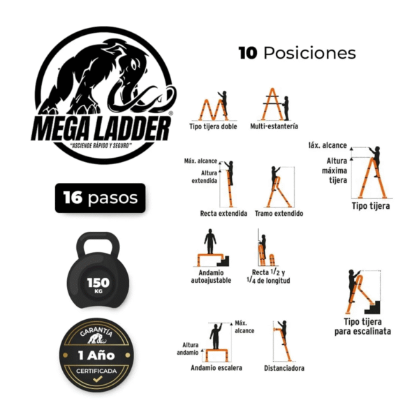 Escalera Articulada en Aluminio 16 pasos Cap Carga 150Kg Mega Ladder - Imagen 2