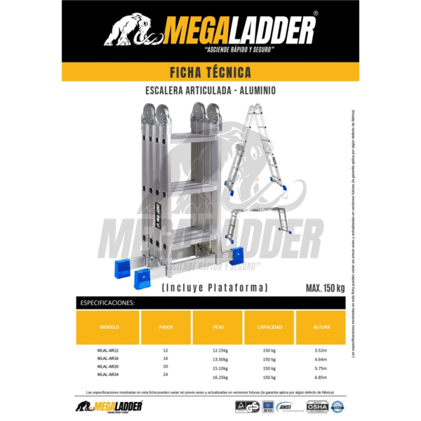 Escalera Articulada en Aluminio 16 pasos Cap Carga 150Kg Mega Ladder - Imagen 3